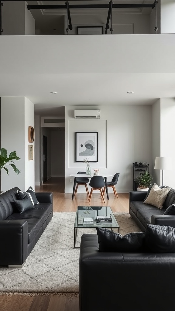 A stylish living room featuring black leather sofas, a glass coffee table, and a minimalist dining area.