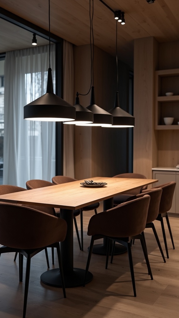 A stylish dining area featuring black pendant lighting over a wooden table with brown chairs.