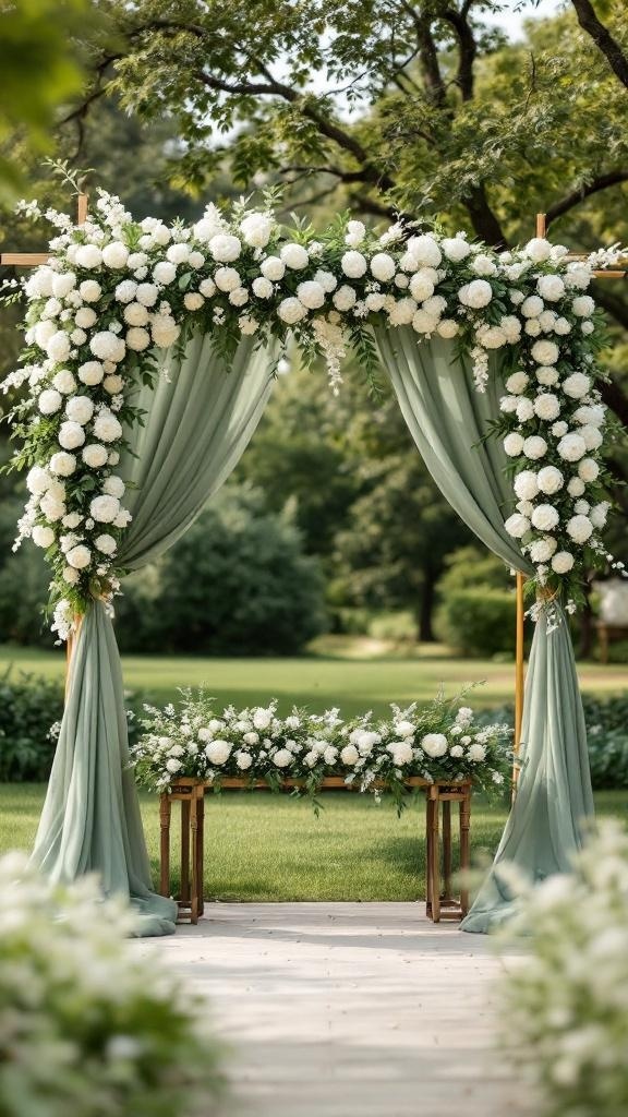 A wedding ceremony arch with sage green drapes and white flowers.