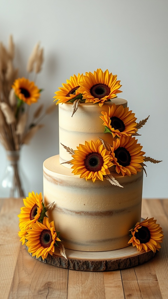 A two-tiered khaki green wedding cake adorned with bright yellow sunflowers.