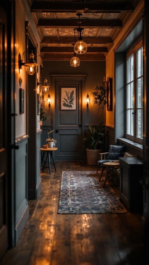 A hallway with sophisticated lighting design featuring warm lights and stylish decor.