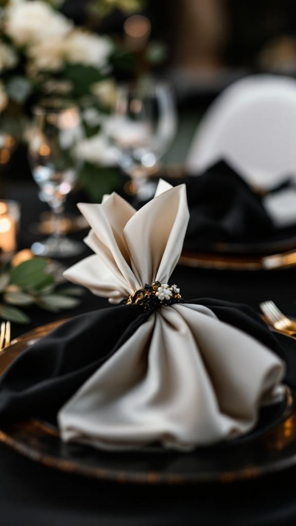 Elegant black and white napkin folds on a wedding reception table.