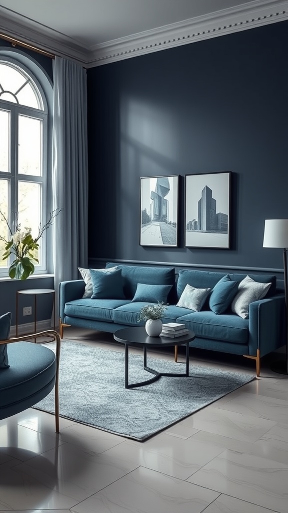 A stylish living room featuring a blue sofa, neutral walls, and modern decor.