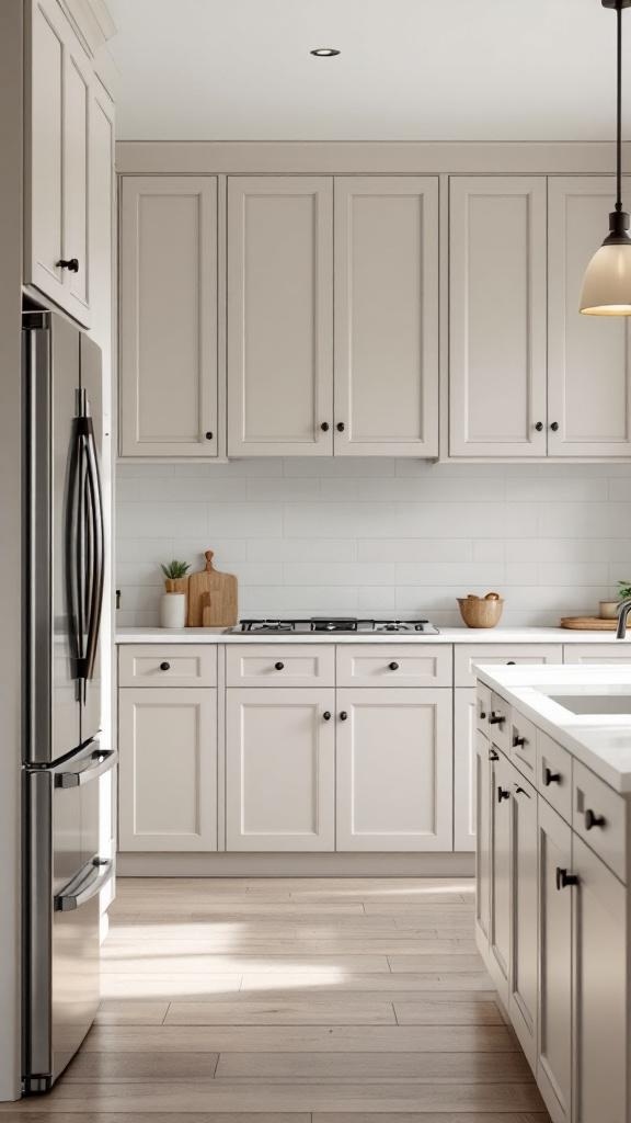A modern kitchen with neutral-toned cabinets and a sleek design.