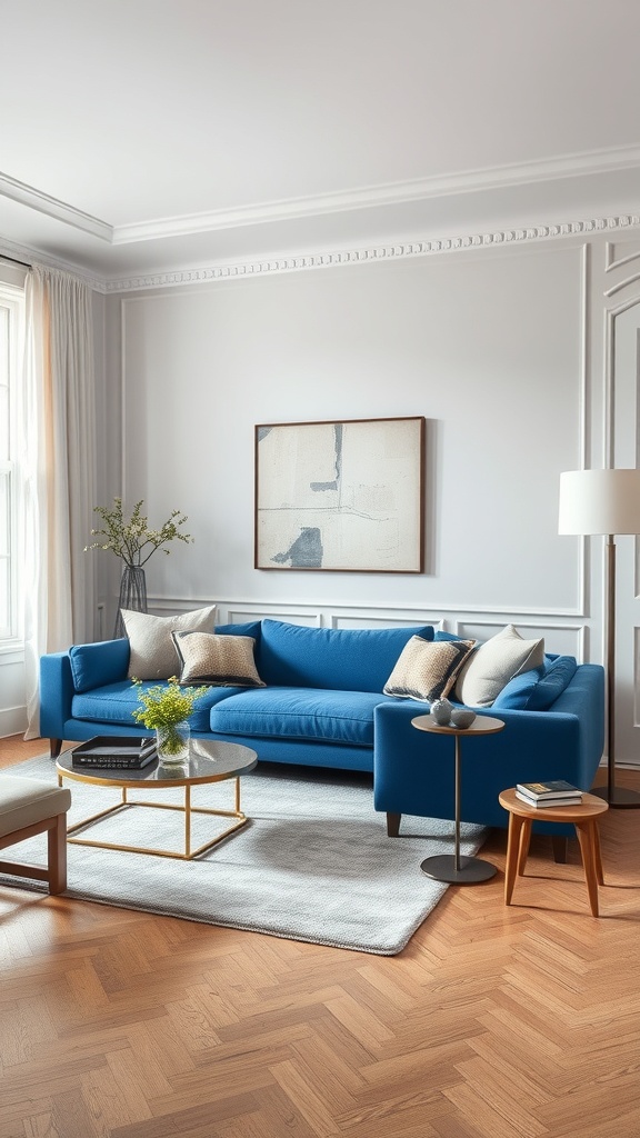 A stylish living room featuring a blue sofa, neutral decor, and wooden flooring.