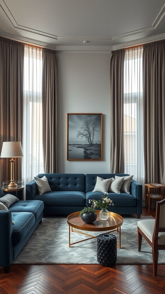 A stylish living room featuring a midnight blue sofa with light curtains and wooden accents.