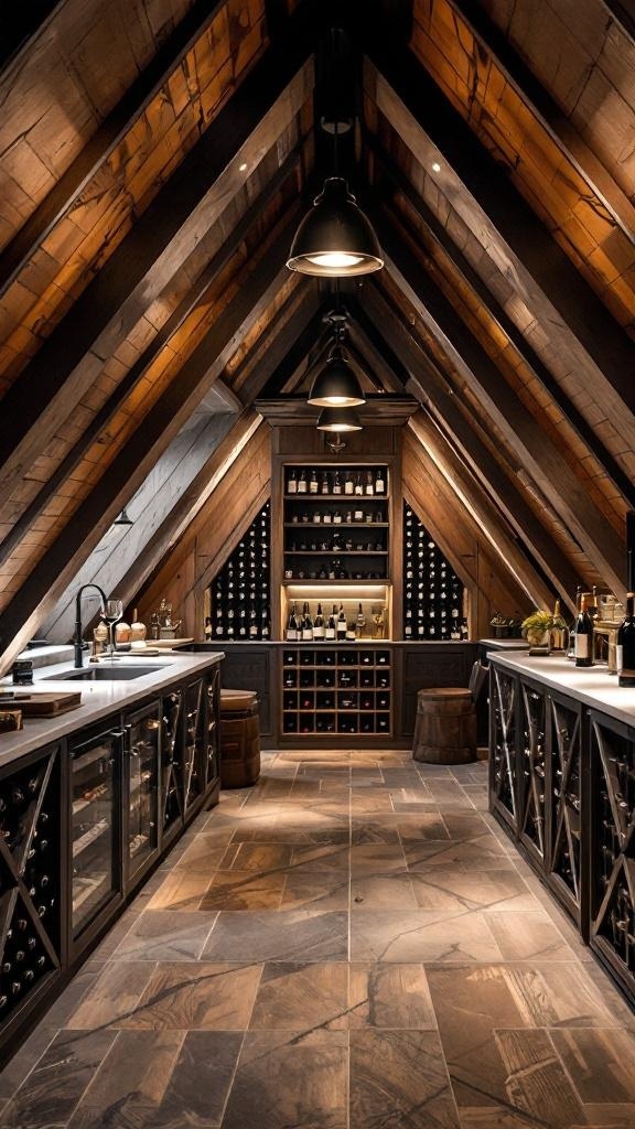 Luxurious attic wine cellar featuring wooden beams and a tasting area.