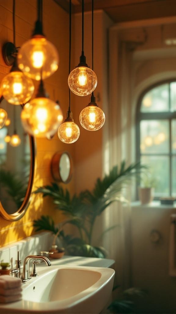 A stylish bathroom featuring spherical light fixtures hanging above a sink, with warm lighting and a cozy atmosphere.