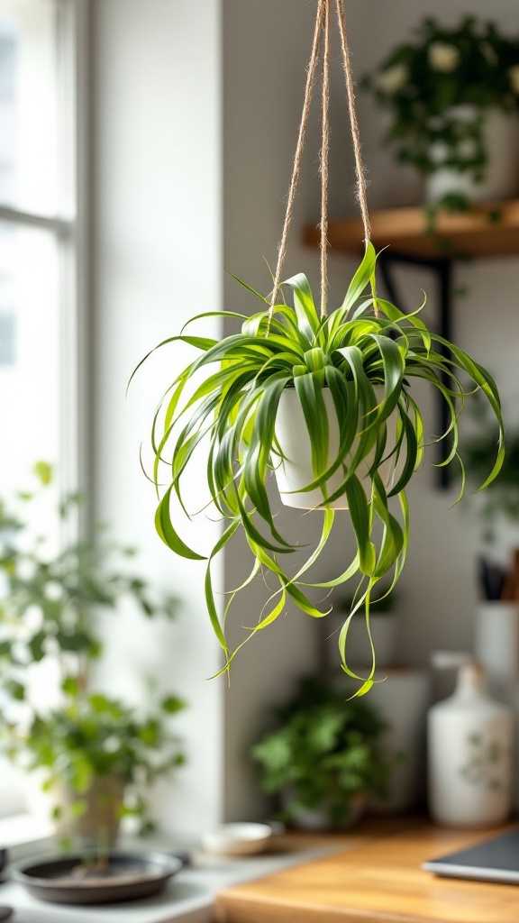 A hanging Spider Plant showcasing its long, green leaves in a sunny kitchen.
