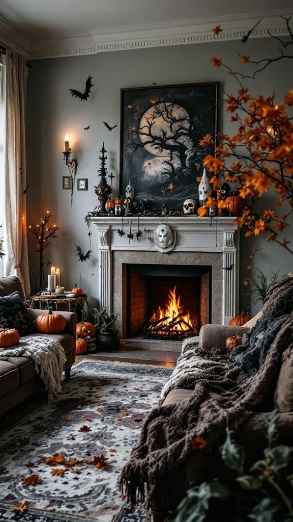 A cozy living room decorated for Halloween with pumpkins, candles, and spooky decor.