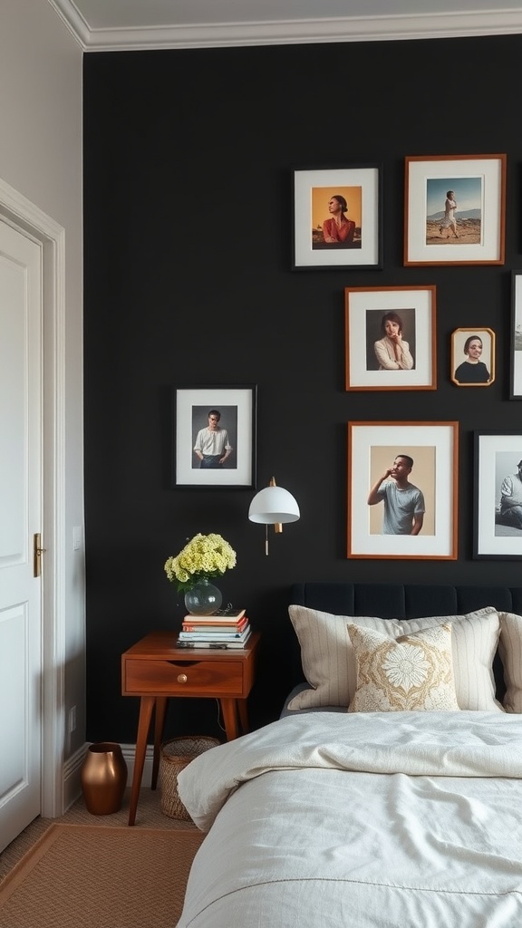 A cozy bedroom featuring a black accent wall adorned with framed photos, a stylish bedside table, and soft bedding.
