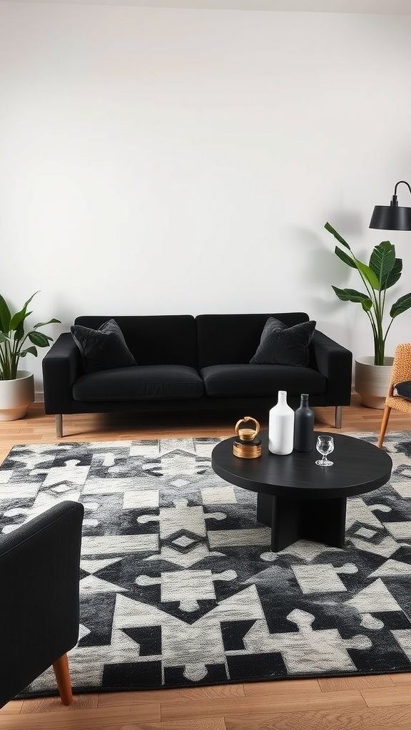 A stylish living room featuring black furniture, including a sofa and coffee table, with a patterned rug and plants.