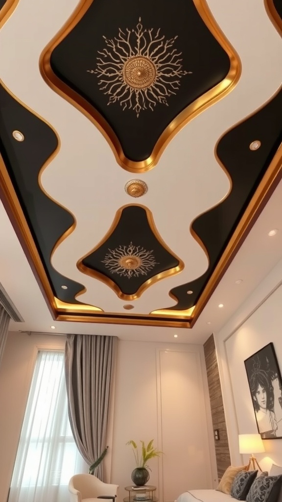 A stylish black and gold ceiling design with intricate patterns.