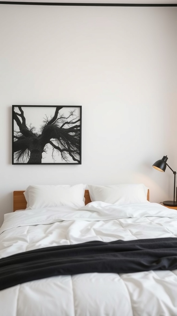 A cozy bedroom featuring a black and white tree art piece above a neatly made bed with white bedding and a black throw.