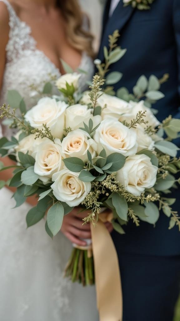 A beautiful bouquet of white roses with greenery and a ribbon.
