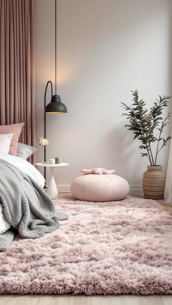 A stylish pink and grey bedroom featuring a fluffy pink rug.