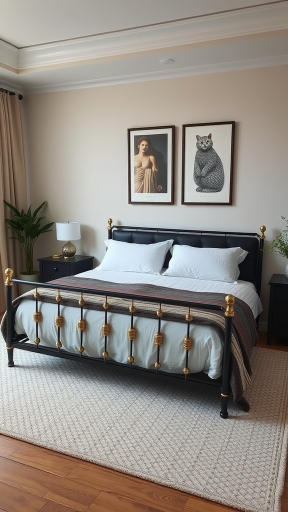 A stylish black and gold bed frame in a cozy bedroom setting.