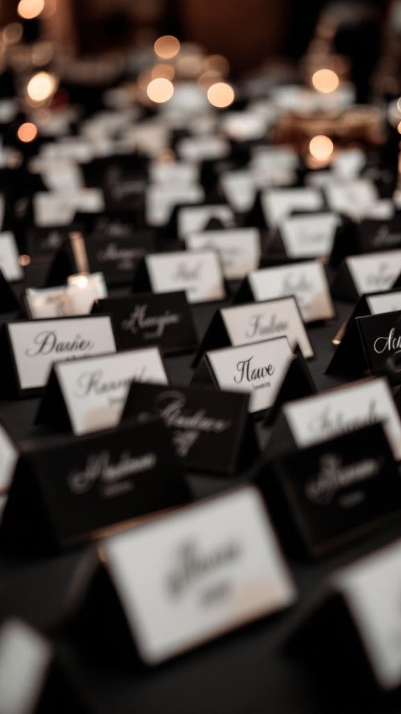 Elegant black and white place cards arranged on a table.