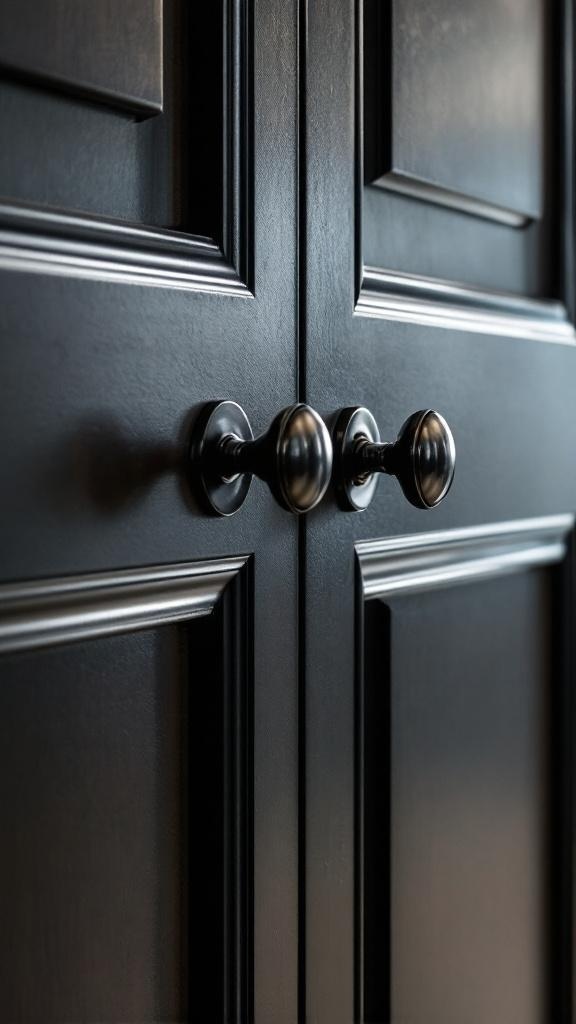 Close-up of stylish black cabinet knobs on dark kitchen cabinets.