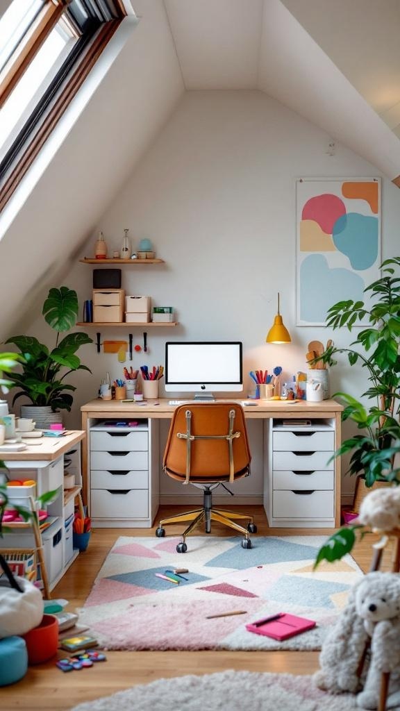 A stylish attic room with a crafting corner featuring a desk, organized storage, and colorful decor.