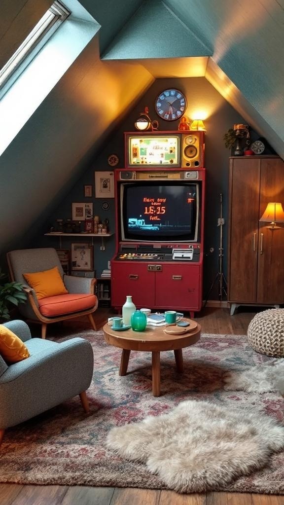 A stylish attic game room featuring vintage decor, a retro television, and cozy seating.