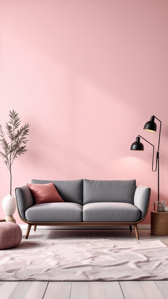 A stylish grey sofa with a pink pillow, against a soft pink wall.
