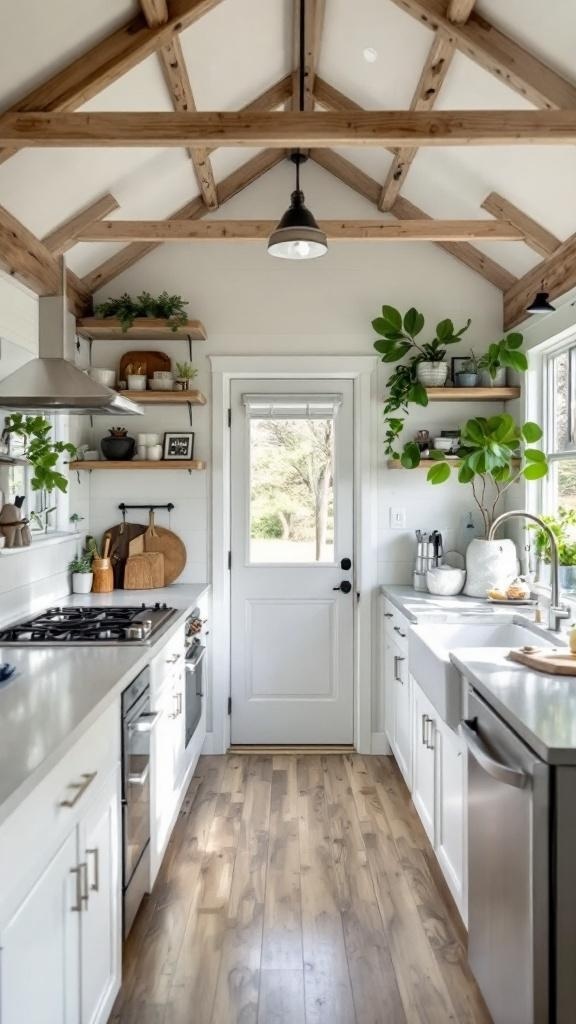 A stylish tiny house kitchen featuring wooden beams, open shelves with plants, and modern appliances.