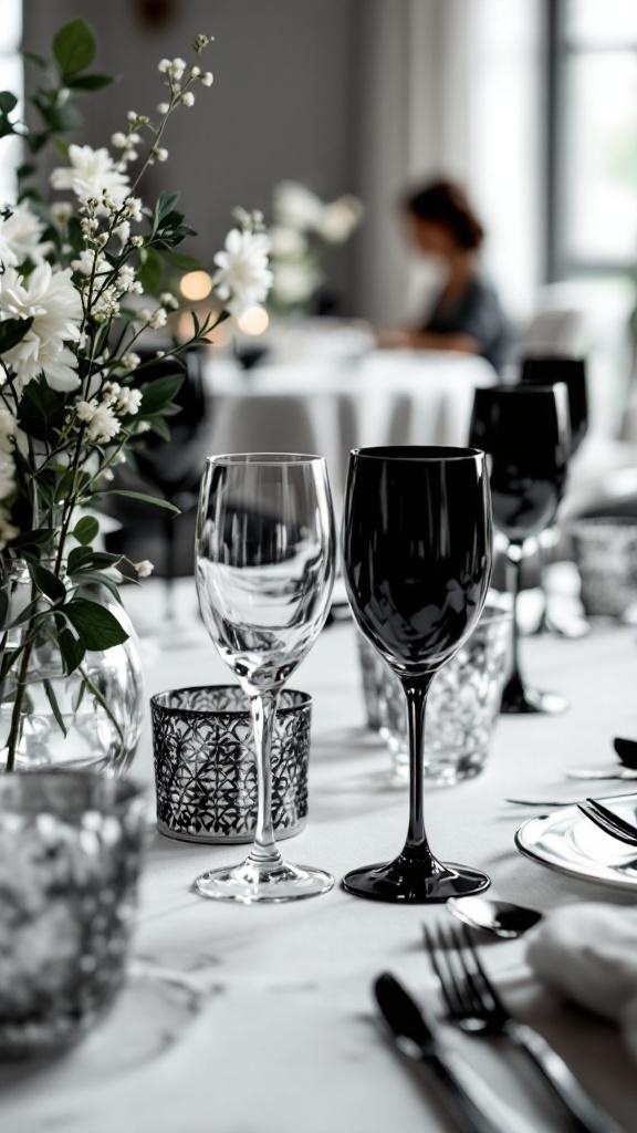 Black and white wedding reception table with stylish glassware