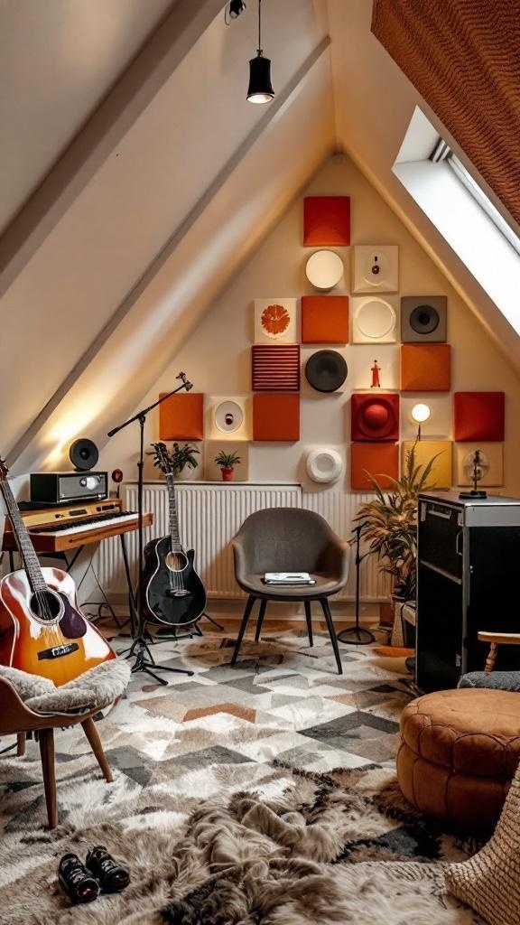 Cozy attic music room featuring colorful acoustic panels, guitars, and stylish seating.