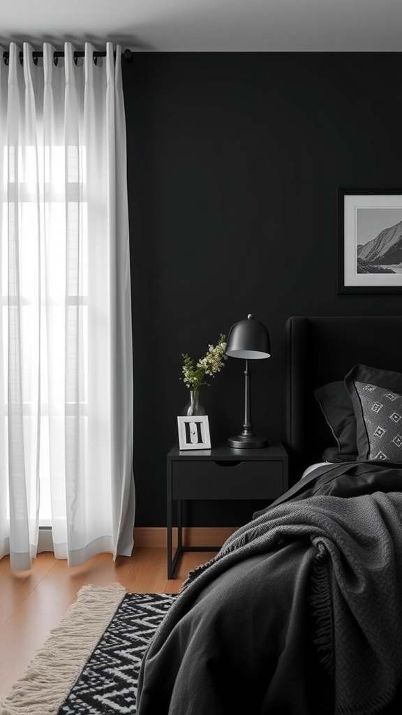 A cozy black bedroom featuring a stylish nightstand with a lamp and decorative items.