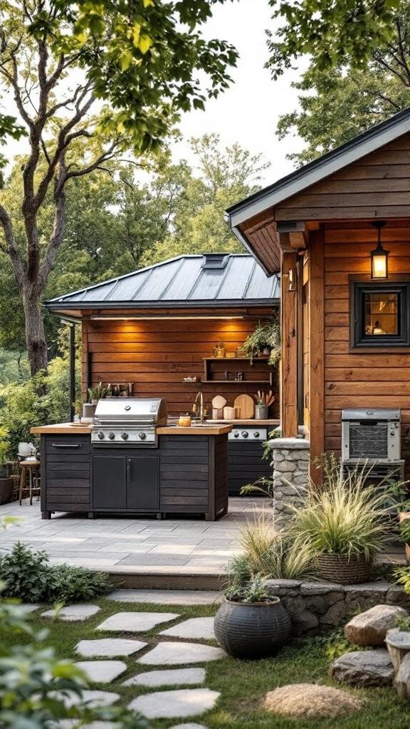 A stylish outdoor kitchen with a grill and dining area surrounded by greenery.