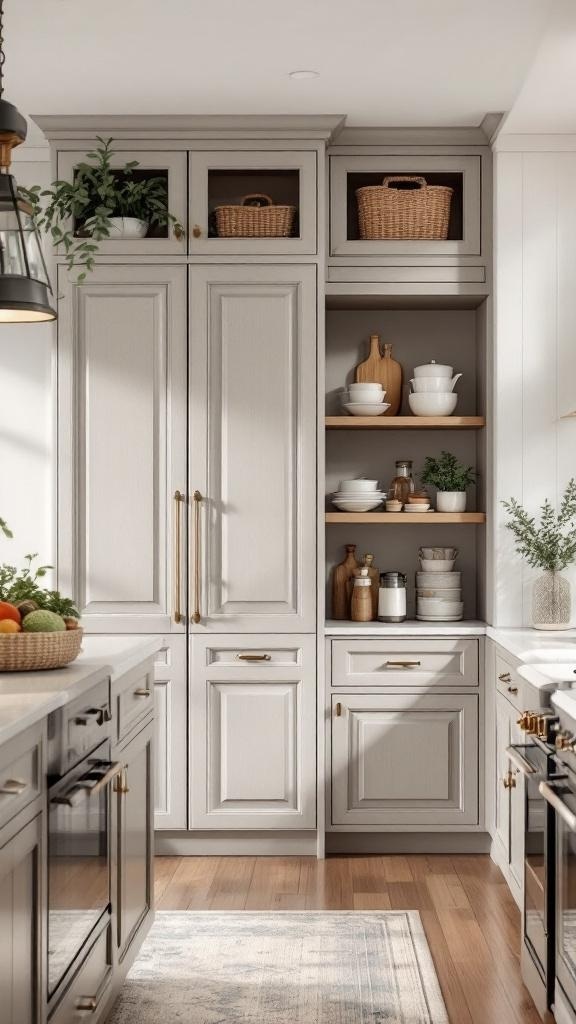 Stylish pantry cabinet with open shelving and decorative items.