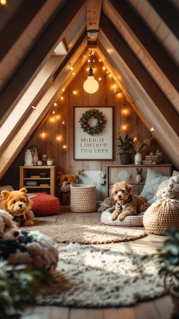 Cozy attic room designed for pets with beds, toys, and warm lighting.
