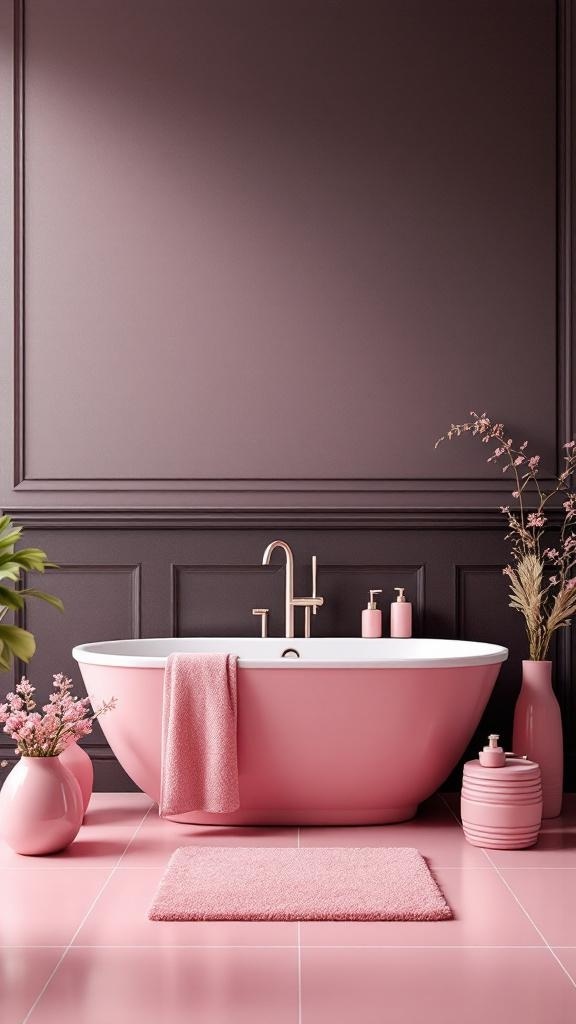 Stylish pink bathroom with a pink bathtub, towels, and decorative accessories.