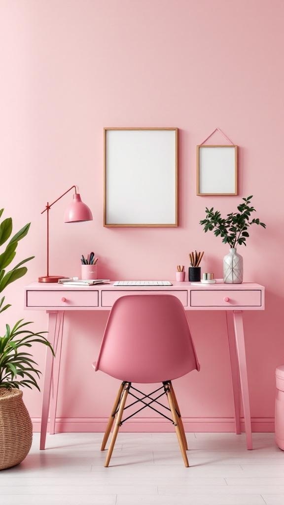 A pink desk setup featuring a pink lamp, potted plants, and a minimalist design.
