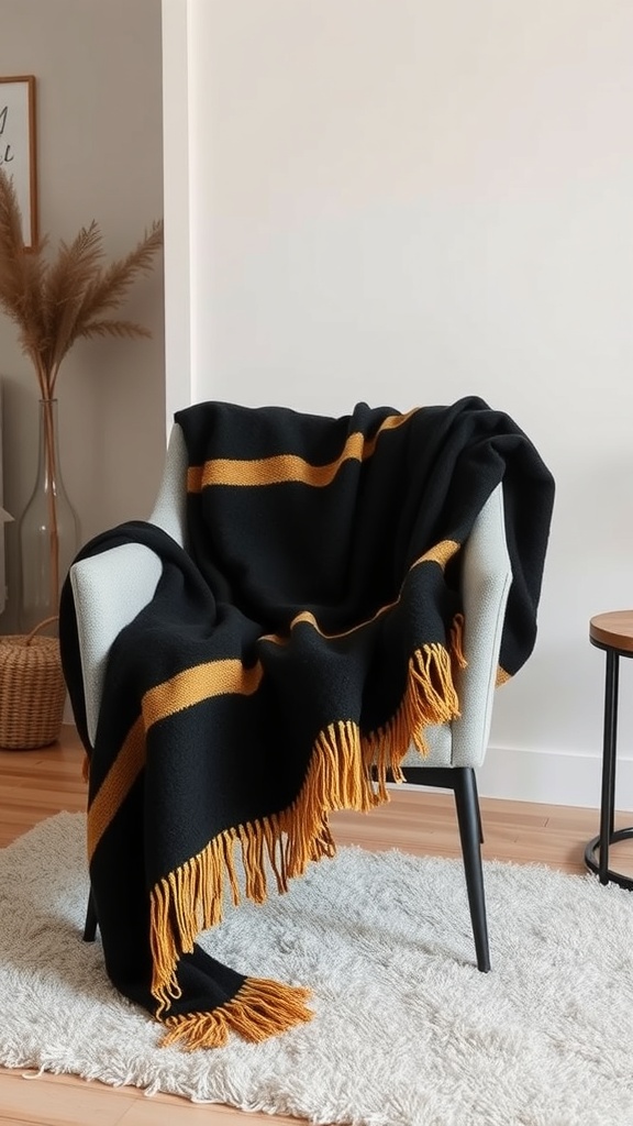 A cozy black and gold throw blanket draped over a chair in a stylish bedroom setting.