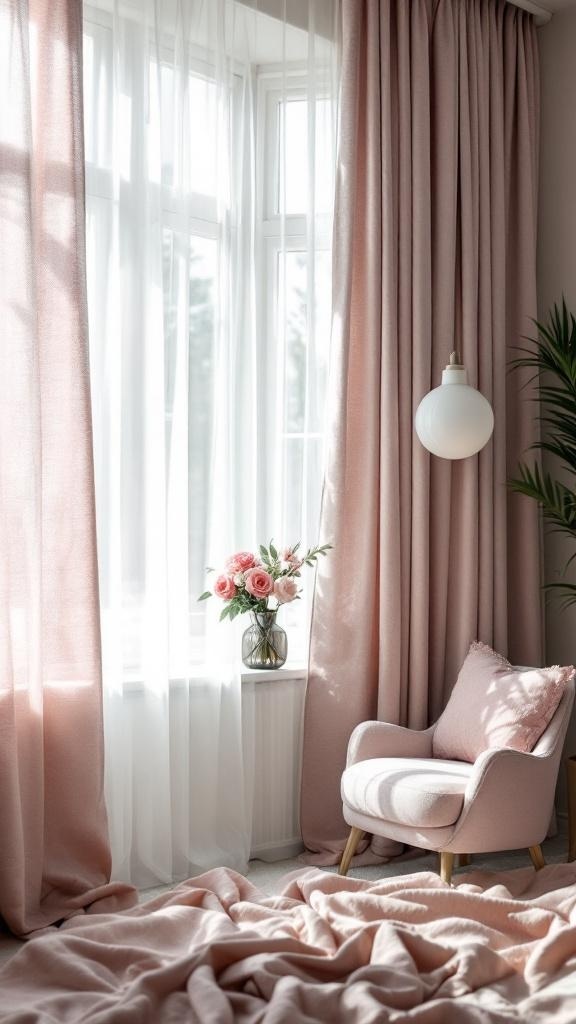 Stylish window treatments in a pink and grey bedroom with flowers and a cozy chair.