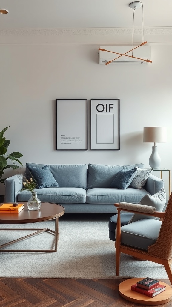 Living room featuring a dusty blue sofa, wooden coffee table, and stylish decor.
