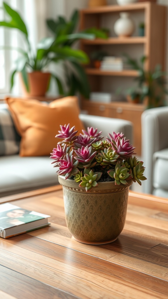 A cozy living room with a succulent centerpiece on a coffee table, surrounded by soft furnishings.