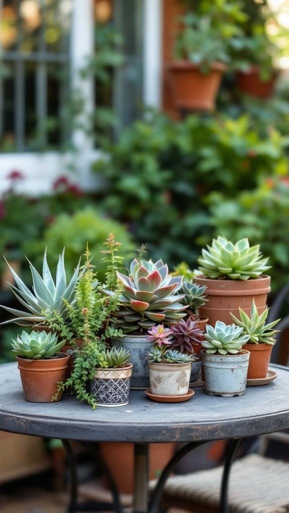 A collection of succulents in various vintage containers on a table.