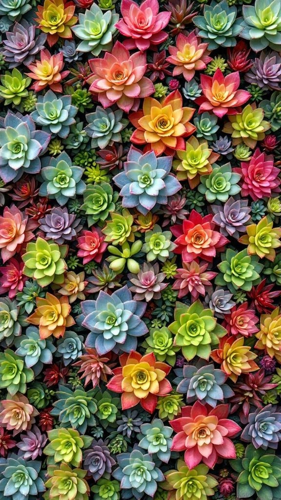 A colorful wall covered with various types of succulents.