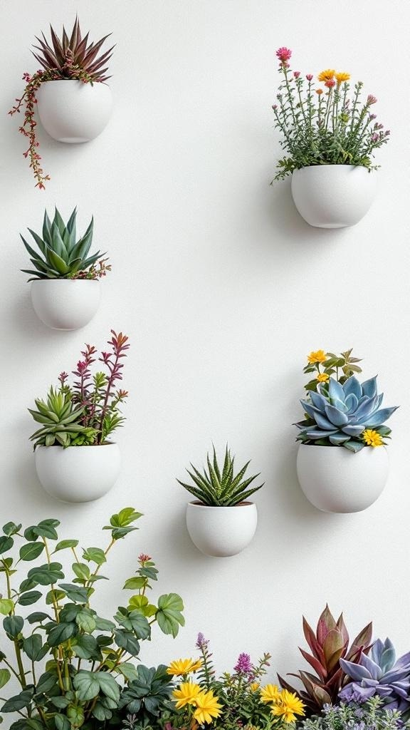 A collection of succulent wall planters in white pots, showcasing various succulent plants and colorful flowers.