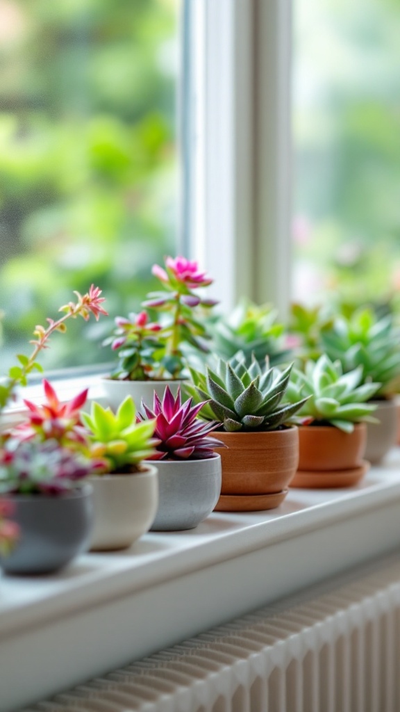 A collection of diverse succulents in various colored pots arranged on a windowsill.