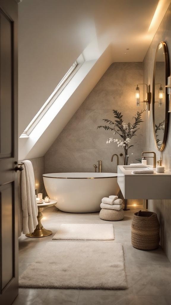 Luxurious small attic bathroom with a freestanding tub and elegant decor.