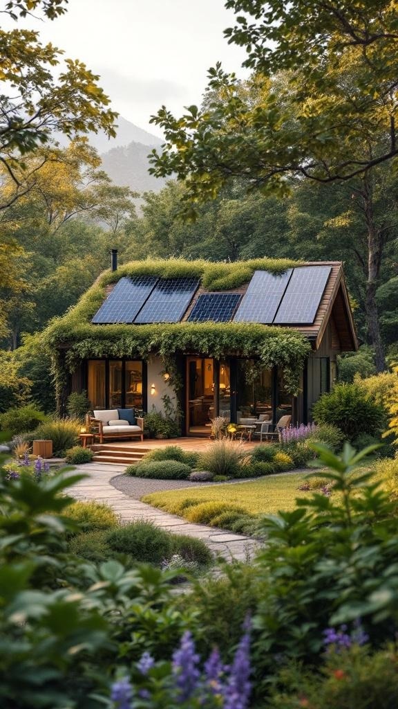 A tiny house with solar panels and greenery, surrounded by a lush garden.