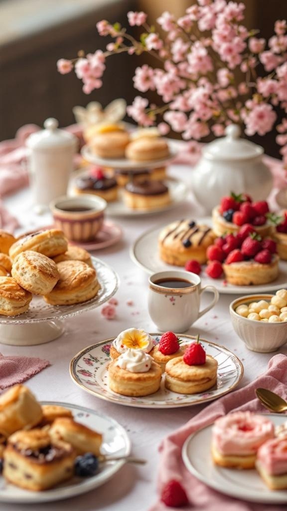 A vintage tea party dessert table featuring scones, pastries, and fresh berries.