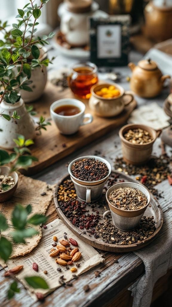 A beautifully arranged tea infusion station with various teas, herbs, and accessories.