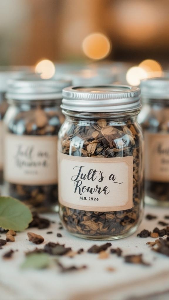 Mason jars filled with tea leaves, labeled with a decorative tag.