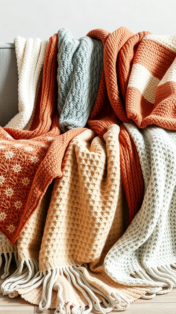 A collection of textured blankets and throws in earthy tones displayed on a couch.