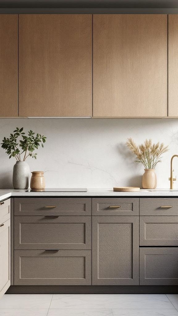 A modern kitchen with textured wooden cabinets and a clean countertop.